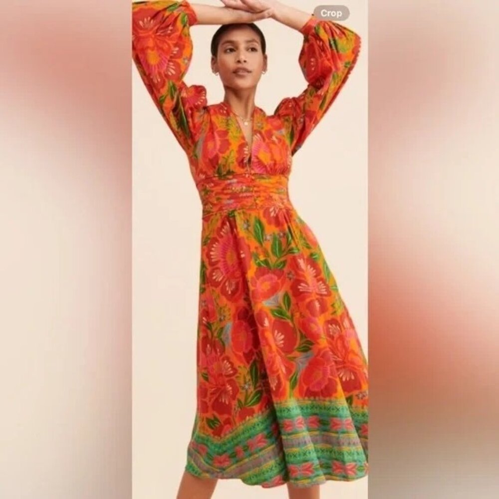 FARM Rio Orange Floral V‑Neck Midi Dress with Green Border
